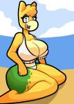  anthro beach big_breasts bikini breasts camelid cleavage clothed clothing digital_media_(artwork) female fur generation_3_pokemon hair hi_res kiss_the_carrot looking_at_viewer mammal napalm_(litmus2) nintendo numel open_mouth pokemon pokemon_(species) seaside shaded simple_background smile solo swimwear thick_thighs tongue video_games yellow_body yellow_fur 