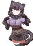  1girl animal_ears animal_print bangs belt black_bow black_bowtie black_hair black_jaguar_(kemono_friends) blue_eyes blush bow bowtie breast_pocket center_frills closed_mouth commentary_request cowboy_shot frills fur_scarf gloves hands_up high-waist_skirt highres ibuki_s_forpm jaguar_ears jaguar_girl jaguar_print jaguar_tail kemono_friends looking_at_viewer medium_hair miniskirt multicolored_hair paw_pose pocket print_gloves print_scarf print_skirt print_thighhighs purple_shirt scarf shirt short_sleeves simple_background skirt solo tail thighhighs tsurime white_background zettai_ryouiki 