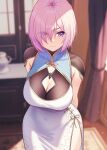  1girl arms_behind_back bangs blurry blurry_background breasts china_dress chinese_clothes cleavage cleavage_cutout closed_mouth clothing_cutout commentary_request covered_navel crease dress eyes_visible_through_hair fate/grand_order fate_(series) furrowed_brow hair_over_one_eye highres indoors large_breasts looking_at_viewer mash_kyrielight pink_hair purple_eyes scan solar_(happymonk) solo sweat sweatdrop thighs tight tight_dress white_dress 