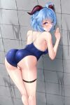  1girl ahoge alternate_costume alternate_hairstyle ass back bangs bar_censor bare_arms bare_shoulders bent_over blue_hair blue_one-piece_swimsuit blush breasts censored clothing_aside commentary_request condensation contemporary feet_out_of_frame ganyu_(genshin_impact) genshin_impact glass goat_horns hair_up highres horns indoors legs long_hair looking_at_viewer looking_back matrix16 medium_breasts mixed-language_commentary one-piece_swimsuit open_mouth paid_reward_available purple_eyes pussy raised_eyebrows school_swimsuit shower_(place) sidelocks solo standing swimsuit swimsuit_aside thigh_strap thighs tile_wall tiles wet wet_clothes wet_swimsuit 