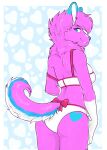 2017 anthro biped blue_body blue_eyes blue_fur blue_nose border bra breasts butt canid canine clothed clothing digital_media_(artwork) female fur heart_(marking) looking_at_viewer looking_back looking_back_at_viewer mammal off_shoulder panties pattern_background pink_body pink_fur portrait rear_view shaded simple_background solo standing three-quarter_portrait underwear underwear_only white_body white_border white_bra white_clothing white_fur white_panties white_underwear zyira 