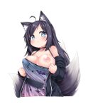  1girl absurdres ahoge animal_ear_fluff animal_ears bangs belt black_hair black_jacket blush breasts breasts_out clenched_hand closed_mouth collarbone commission dress earrings fox_ears fox_tail green_eyes highres indie_virtual_youtuber jacket jewelry large_breasts light_frown long_hair long_sleeves looking_at_viewer naya_momoko nipples simple_background skeb_commission solo tail tamase_tama virtual_youtuber white_background 