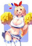  1girl ass_visible_through_thighs bare_shoulders blonde_hair blush breasts cameltoe cheerleader cleavage cleavage_cutout clothing_cutout collarbone contrapposto cowboy_shot crop_top hairband hands_up highleg highleg_panties highres holding holding_pom_poms huge_breasts kaede_acer long_hair looking_at_viewer low-tied_long_hair microskirt midriff open_mouth orange_eyes original panties pantyshot parted_hair pom_pom_(cheerleading) simple_background skindentation skirt smile solo thighhighs underwear 