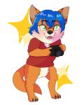  anthro blue_hair canid canine chibi clothing culpeo_fox green_eyes hair hi_res lycalopex male mammal photographer red_clothing red_shirt red_t-shirt red_topwear shirt solo t-shirt topwear wise_(character) 