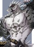  anthro belt bodily_fluids chung0_0 claws clothed clothing crocodile crocodilian crocodylid daylon_(dislyte) dislyte fangs hi_res holding_object holding_weapon male mask muscular muscular_male partially_clothed pecs red_eyes reptile scalie sealed_mouth slit solo spikes sweat tattoo weapon 