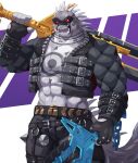  anthro belt bottomwear clothing crocodile crocodilian crocodylid daylon_(dislyte) dislyte dual_wielding fangs hi_res holding_object holding_sword holding_weapon looking_at_viewer male mask melee_weapon muscular muscular_male pants red_eyes reptile scalie sealed_mouth solo spikes sword tattoo topwear vest weapon yedsilent 