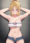  1girl armpits arms_behind_back arms_up bangs bare_arms bare_shoulders blonde_hair blush breasts cleavage collarbone cowboy_shot denim denim_shorts fate/apocrypha fate_(series) frown green_eyes grey_background groin hair_ornament hair_scrunchie highres large_breasts long_hair looking_at_viewer mordred_(fate) mordred_(fate/apocrypha) navel open_clothes open_shorts red_scrunchie scrunchie shorts solo standing stomach sweat try_(lsc) 