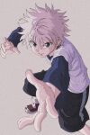  bangs blue_eyes blue_shirt blue_shorts enoki_(gongindon) foreshortening highres hunter_x_hunter killua_zoldyck long_sleeves looking_at_viewer male_child messy_hair purple_footwear shirt shorts simple_background smile solo spiked_hair t-shirt white_hair 