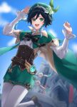  1boy androgynous aqua_eyes aqua_hair bangs beret black_hair blue_hair blurry blurry_background braid brooch brown_footwear cape cloud cloudy_sky collared_cape commentary_request corset day feathers flower frilled_sleeves frills genshin_impact gradient_hair green_cape green_eyes green_headwear green_shorts hanayori_0123 hat hat_flower highres jewelry looking_at_viewer male_focus multicolored_hair open_mouth outdoors pantyhose short_hair_with_long_locks shorts sky smile solo twin_braids venti_(genshin_impact) vision_(genshin_impact) white_flower 