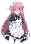  1girl absurdres alternate_costume apron bangs black_bow black_dress blue_eyes blush bocchi_the_rock! bow dress enmaided frilled_apron frilled_dress frills gotou_hitori hair_between_eyes highres long_hair looking_at_viewer maid maid_apron maid_headdress nose_blush one_side_up parted_lips pink_hair puffy_short_sleeves puffy_sleeves short_sleeves simple_background solo sweat thighhighs tosyeo very_long_hair wavy_mouth white_apron white_background white_thighhighs wrist_cuffs 