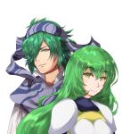  1boy 1girl armor bangs blue_scarf breastplate commentary_request erinys_(fire_emblem) fire_emblem fire_emblem:_genealogy_of_the_holy_war green_eyes green_hair grin hair_between_eyes hair_over_one_eye head_scarf lewyn_(fire_emblem) long_hair looking_at_viewer partial_commentary pauldrons reki_(reki13c) scarf shirt short_hair shoulder_armor simple_background smile striped striped_scarf upper_body very_long_hair white_background white_shirt 