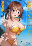  1girl ahoge beach bikini blurry blurry_background braid breasts brown_hair chougei_(kancolle) cloud cloudy_sky collarbone comiket_101 commentary_request cover dated day grey_eyes hair_rings highres kantai_collection kirisawa_juuzou large_breasts long_hair looking_at_viewer ocean orange_bikini outdoors signature sky solo swimsuit twin_braids v water 