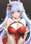  1girl bangs bare_shoulders bell black_background black_bow blue_hair bow breasts catura_(granblue_fantasy) cleavage draph granblue_fantasy hair_bow highres horns kauru00 large_breasts long_hair looking_at_viewer neck_bell open_mouth orange_eyes pointy_ears simple_background smile solo white_horns 