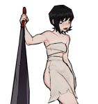  1girl bandage_on_hip black_hair blush chainsaw_man cosplay great_knife gurumo_(twitter) hair_ornament hairclip higashiyama_kobeni holding holding_weapon huge_weapon mask mole mole_under_eye mole_under_mouth pyramid_head pyramid_head_(cosplay) sarashi short_hair short_ponytail silent_hill_(series) silent_hill_2 simple_background single_sidelock solo sweat tongue tongue_out weapon white_background 