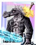  anthro bottomwear clothing crocodile crocodilian crocodylid daylon_(dislyte) dislyte fangs holding_object holding_sword holding_weapon looking_at_viewer male mask melee_weapon muscular muscular_male pants red_eyes reptile scalie sealed_mouth solo spikes spinopsys sword sword_on_back tattoo topwear vest weapon 