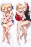  4girls ahoge ahoge_removed areola_slip artoria_pendragon_(fate) artoria_pendragon_(swimsuit_archer)_(fate) ass bangs barefoot bed_sheet bikini black_jacket black_ribbon blonde_hair blue_ribbon blush bottomless bracelet braid breasts bred_jacket butt_crack closed_mouth collarbone commentary_request dakimakura_(medium) detached_hair fang fate/apocrypha fate/grand_order fate_(series) feet french_braid full_body green_eyes hair_ornament hair_ribbon hair_scrunchie hand_on_another&#039;s_back hand_on_another&#039;s_head hand_on_another&#039;s_waist highres hug jacket jewelry legs long_hair long_sleeves looking_at_viewer low_ponytail medium_breasts mordred_(fate) mordred_(memories_at_trifas)_(fate) mordred_(swimsuit_rider)_(fate) mother_and_daughter multiple_girls multiple_persona multiple_views naked_jacket navel necklace open_clothes open_jacket pale_skin parted_bangs ponytail red_scrunchie ribbon saber_alter_(ver._shinjuku_1999)_(fate) scrunchie side-tie_bikini_bottom sidelocks small_breasts smile soles swimsuit toes tonee untied untied_bikini unzipped yellow_eyes zipper zipper_pull_tab 