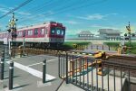  architecture blue_sky bollard boom_barrier commentary_request day east_asian_architecture fence ground_vehicle mugumo_24k nara_(city) no_humans original outdoors power_lines railroad_crossing railroad_tracks road scenery sky train 