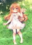  1girl ahoge bandaid bandaid_on_knee bandaid_on_leg bangs bare_arms bare_shoulders bed_sheet blush bow closed_mouth collar collarbone commentary_request day dress green_eyes hair_between_eyes hair_intakes hand_up long_hair looking_at_viewer lying nose_blush on_back on_grass orange_hair original outdoors red_collar sleeveless sleeveless_dress smile solo sundress sunlight suzunone_rena very_long_hair white_bow white_dress 