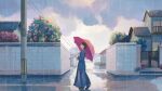  1girl blue_dress closed_eyes closed_mouth cloud cloudy_sky dress flower harucoro25 highres holding holding_umbrella house long_sleeves original outdoors plant potted_plant rain red_flower road short_hair sky standing street tree umbrella utility_pole 