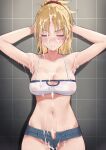  1girl armpits arms_behind_back arms_up bangs bare_arms bare_shoulders blonde_hair blush breasts cleavage closed_eyes collarbone cowboy_shot cum cum_on_body cum_on_clothes cum_on_hair denim denim_shorts facial facing_viewer fate/apocrypha fate_(series) frown green_eyes grey_background groin hair_ornament hair_scrunchie highres large_breasts long_hair mordred_(fate) mordred_(fate/apocrypha) navel open_clothes open_shorts red_scrunchie scrunchie shorts solo standing stomach try_(lsc) 