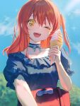  1girl ;d bangs blue_dress blurry blurry_background bocchi_the_rock! choker collarbone day dekalco depth_of_field dress food hair_between_eyes hand_up highres holding holding_food ice_cream kita_ikuyo long_hair looking_at_viewer one_eye_closed one_side_up open_mouth outdoors puffy_short_sleeves puffy_sleeves red_bag red_hair ribbon-trimmed_choker short_sleeves smile soft_serve solo yellow_eyes 