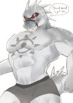  anthro clothing crocodile crocodilian crocodylid daylon_(dislyte) dialogue dislyte fangs hi_res looking_at_viewer male male/male mask mostly_nude muscular muscular_male red_eyes reptile scalie sealed_mouth solo speech_bubble spikes tatsusora tattoo underwear 