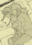  1boy arven_(pokemon) bed blush braid cellphone holding hug hug_from_behind juliana_(pokemon) long_hair monochrome necktie on_bed open_mouth phone pokemon pokemon_(game) pokemon_sv rotom rotom_phone short_sleeves shorts sleeping smartphone sweatdrop uzimusi_fgo 