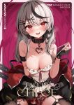  1girl :d bangs bare_shoulders between_legs black_collar black_gloves black_hair black_jacket blush braid breasts cleavage collar cover cover_page doujin_cover fang gloves grey_hair hair_ornament hairclip hand_between_legs heart_collar highres hololive jacket long_hair looking_at_viewer medium_breasts miniskirt multicolored_hair namagome_negi plaid plaid_skirt pleated_skirt red_eyes sakamata_chloe shirt skirt smile solo strap_pull streaked_hair thighhighs torn_clothes torn_thighhighs virtual_youtuber white_shirt x_hair_ornament 
