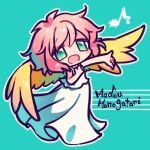  1girl angel angel_wings aqua_background chibi dress full_body green_eyes harpy_(puyopuyo) lowres madou_monogatari music musical_note open_mouth pink_hair puyopuyo rakuni short_hair simple_background singing solo white_dress wings yellow_wings 