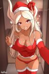  1girl abs absurdres animal_ears artist_name ass_visible_through_thighs blurry blurry_background boku_no_hero_academia breasts camisole cleavage collarbone commentary dark-skinned_female dark_skin detached_sleeves ear_ribbon english_commentary fur-trimmed_sleeves fur_trim grin groin hat highres indoors jay_flare large_breasts leaning_forward long_hair looking_at_viewer mirko nail_polish panties rabbit_ears reaching_towards_viewer red_camisole red_eyes red_headwear red_nails red_panties red_ribbon ribbon santa_hat smile solo strap_slip thigh_gap thighhighs thighs underwear white_hair 