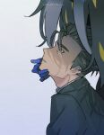  1boy 1girl black_hair black_jacket blue_gloves geeta_(pokemon) gloves hand_on_another&#039;s_chin hellclean jacket larry_(pokemon) long_hair multicolored_hair pokemon pokemon_(game) pokemon_sv profile salaryman short_hair simple_background streaked_hair 