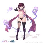  1girl artist_request asymmetrical_clothes ayakashi_triangle black_gloves bob_cut breasts fingerless_gloves fishnet_thighhighs fishnets gloves hair_ornament hairclip kanade_suzu medium_hair navel purple_eyes purple_hair ragnador simple_background solo source_request standing thighhighs thighs underboob white_background 