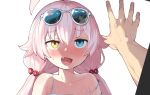  1boy 1girl ahoge bikini blue_archive blue_eyes cropped eyewear_on_head fang hair_between_eyes hair_bobbles hair_ornament henry_bird_9 heterochromia hoshino_(blue_archive) pink_hair sunglasses swimsuit twintails white_background yellow_eyes 