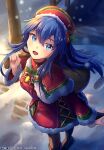  1girl :d absurdres adapted_costume artist_name blue_eyes blue_hair brown_pantyhose christmas dress fire_emblem fire_emblem:_the_binding_blade from_above fur-trimmed_dress fur_trim hat highres light_particles lilina_(fire_emblem) long_hair long_sleeves looking_at_viewer looking_up pantyhose red_dress ryo-suzuki sack santa_costume smile snow solo 