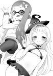  2girls ass bangs bike_shorts bikini blunt_bangs character_request copyright_request domino_mask fangs frilled_bikini frills greyscale hat highres hololive inkling inkling_girl kanya_pyi long_hair mask monochrome multiple_girls murasaki_shion pointy_ears splatoon_(series) swimsuit tentacle_hair twintails white_background witch_hat 