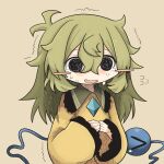  black_eyes blush buttons crying crying_with_eyes_open diamond_(shape) diamond_button empty_eyes green_hair highres komeiji_koishi long_sleeves medium_hair open_mouth ribbon ribbon-trimmed_clothes ribbon_trim shirt sleeves_past_wrists tears third_eye touhou trembling yellow_shirt zunusama 