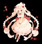  1girl alcremie alcremie_(strawberry_sweet) alcremie_(vanilla_cream) apron black_background bow braid commentary dress food-themed_hair_ornament full_body hair_ornament hair_ribbon hair_rings hat hibi89 long_hair looking_at_viewer maid mob_cap personification pokemon puffy_short_sleeves puffy_sleeves red_bow red_ribbon ribbon short_sleeves simple_background solo strawberry_hair_ornament twin_braids very_long_hair white_apron white_dress white_footwear white_hair white_headwear wrist_cuffs 