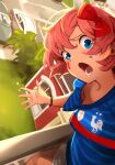  1girl against_railing blue_eyes bow car commentary doki_doki_literature_club english_commentary facepaint france ground_vehicle hair_bow highres imminent_suicide khyle. motor_vehicle open_mouth parking_lot pink_hair railing red_bow sayori_(doki_doki_literature_club) short_hair soccer_uniform solo sportswear 