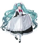  1girl absurdres alternate_costume apron bangs blue_eyes blue_hair blush bow center_frills dress enmaided frilled_apron frills full_body hair_ornament hatsune_miku highres long_dress long_hair long_sleeves looking_at_viewer maid open_mouth ousi1997 pantyhose skirt_hold sleeve_cuffs smile solo twintails very_long_hair vocaloid 