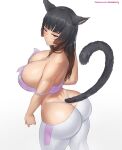  1girl animal_ears arched_back areola_slip ass back black_hair breasts camisole cat_ears cat_girl cat_tail cleavage cowboy_shot crop_top facial_mark from_above from_below highleg highleg_panties highres huge_ass huge_breasts long_hair looking_at_viewer mole mole_on_breast original panties pants panty_straps purple_eyes scar scar_on_face smile solo strap_slip superbusty tail tan tight tight_pants underwear whisker_markings 