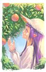  1girl absurdres antenna_hair bangs blue_eyes day food fruit hat highres hololive hololive_english kiwwwwwi long_hair long_sleeves ninomae_ina&#039;nis open_mouth orange_(fruit) orange_tree outdoors pointy_ears purple_hair solo sun_hat tree virtual_youtuber 