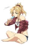  1girl bangs bare_legs barefoot belt black_belt blonde_hair breasts character_name cropped_jacket fate/apocrypha fate_(series) fur-trimmed_shorts fur_trim holding indian_style jacket jewelry long_sleeves lunapont medium_hair mordred_(fate) mordred_(fate/apocrypha) necklace open_clothes open_jacket parted_bangs ponytail red_jacket shiny shiny_hair shorts single_bare_shoulder sitting small_breasts solo 