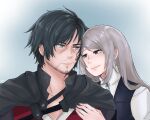  1boy 1girl blue_eyes blush clive_rosfield couple eye_contact fantasy final final_fantasy final_fantasy_xvi hetero highres hug jill_warrick looking_at_another mature_female mature_male square_enix 