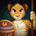  1:1 anthro aztec countershade_fur countershade_torso countershading felid fingerless_(marking) fur fur_tuft head_tuft iztli iztli_(iztli) jaguar looking_at_viewer male mammal pantherine shield solo tuft whiskers 