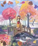  1girl absurdres autumn autumn_leaves bench blue_eyes blush bow bridge brown_hair cat day hair_bow highres leaf long_hair looking_at_viewer mituhati open_mouth original outdoors pinecone pleated_skirt red_bow skirt solo standing tree yellow_skirt 