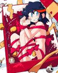  1girl black_hair blue_eyes blush bound bound_legs bound_wrists breasts christmas christmas_ornaments christmas_present english_commentary gift guts_(kill_la_kill) highres jakuzure_nonon junketsu kill_la_kill kiryuuin_satsuki looking_at_viewer mankanshoku_mako matoi_ryuuko multicolored_hair naked_ribbon navel nervous_smile red_hair ribbon scott_malin senketsu short_hair smile solo streaked_hair underboob 