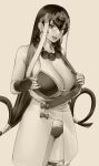  1girl bead_necklace beads bikini bikini_under_clothes breasts bridal_gauntlets earrings fate/grand_order fate_(series) gonoike_biwa greyscale hair_rings hoop_earrings huge_breasts jewelry long_hair monochrome necklace swimsuit thighhighs xuangzang_sanzang_(fate) 