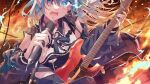  1girl blue_eyes blue_hair choker electric_guitar fire glowing glowing_eye guitar hakua_(aiziro_039) highres holding holding_microphone hololive hoshimachi_suisei instrument jacket jacket_partially_removed jewelry microphone microphone_stand open_mouth ring solo upper_body virtual_youtuber 