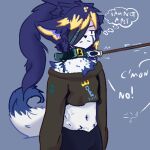  1_eye anthro blue_ears blue_hair blue_tail canid canine canis collar ears_down fur fuseadrift girly green_collar hair male mammal one_eye_obstructed pivoted_ears solo white_body white_fur white_tail wolf 