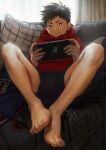  1boy bare_legs barefoot bishounen black_hair commentary commentary_request controller curtains feet foot_focus game_controller handheld_game_console highres holding hood hoodie indoors looking_at_object male_focus morning nakahara_gala nintendo_switch original pillow playing_games red_hoodie short_hair shorts sitting solo toes video_game 